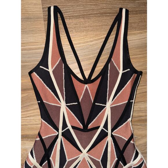 Herve Leger Brown Geometric Patchwork Jacquard Knit Hazel Mini Dress -size XXS - Picture 9 of 12
